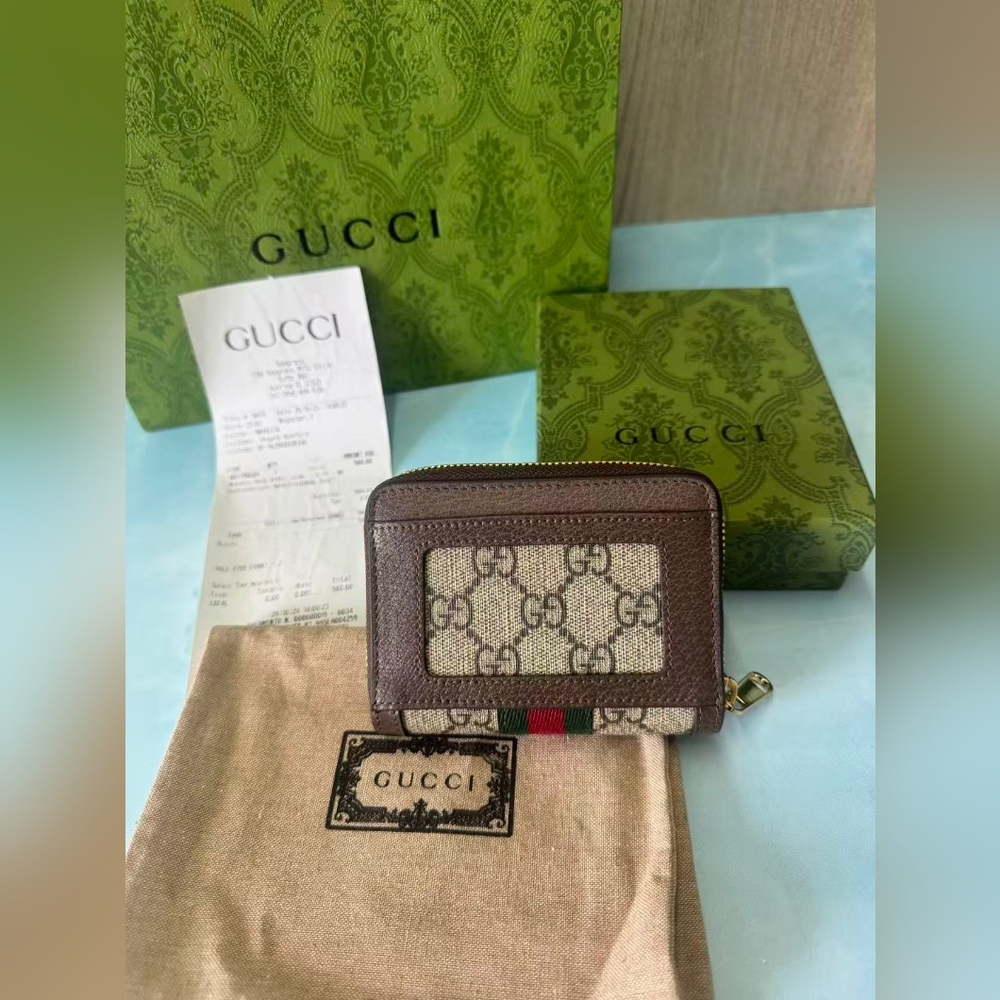 Gucci GG Canvas and Brown Leather Zip Card Holder - Beige/Brown/Green-Red - Picture 2 of 11